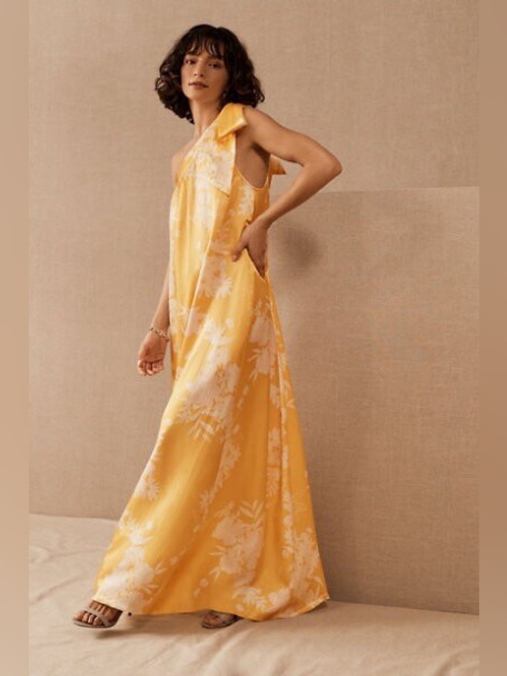NWT BHLDN x Free People Lanna One Shoulder Maxi Dress Yellow Floral L